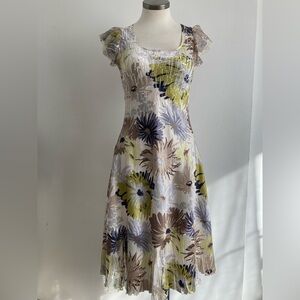 Komarov Floral knee-length Dress in Green, Brown, and Cream